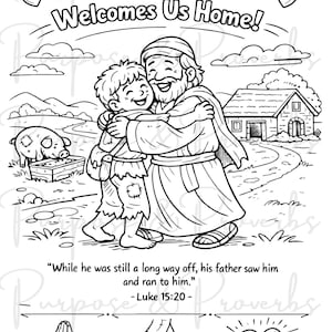 May include: Black and white line art illustration with the text "God's Love Welcomes Us Home!" depicting a father embracing his son. A pig, house, and text from Luke 15:20 are also included. The bottom of the image shows three additional phrases.
