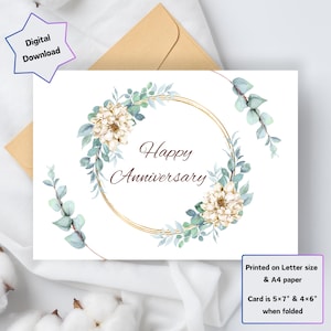 Happy Anniversary Card - Digital Download - Printable Flower Happy Anniversary Card  - 5x7 and 4x6 Foldable - Print US Letter & A4 paper
