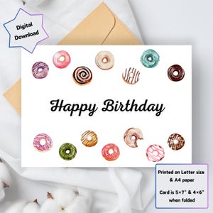Cartão de Feliz Aniversário - Download Digital - Lindo Cartão de Feliz Aniversário Donut para Imprimir - 5x7 e 4x6 Dobrável - Imprima em papel Carta dos EUA e A4