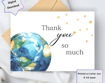 Thank You Card - Digital Download - Beautiful Printable Earth Thank You Card  - 5x7 and 4x6 Foldable - Print US Lerrer & A4 paper