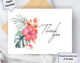 Thank You Card - Digital Download - Beautiful Printable Flower Thank You Card  - 5x7 and 4x6 Foldable - Print US Lerrer & A4 paper