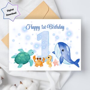Joyeux 1er anniversaire - Téléchargement numérique - Carte d'anniversaire imprimable « Sous la mer » - Impression sur papier lettre US et A4