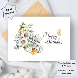 Cartão de Feliz Aniversário - Download Digital - Lindo Cartão de Feliz Aniversário com Flores para Imprimir - 5x7 e 4x6 Dobrável - Imprima Carta dos EUA e Papel A4