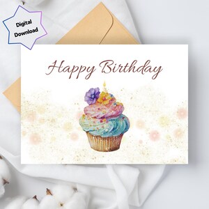Happy Birthday Cupcake Card - Digital Download - Printable Cupcake Happy Birthday Card  - 5x7 and 4x6 Foldable - Print US Letter & A4 paper
