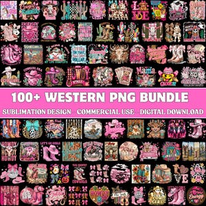 May include: A digital collection of over 100 Western-themed PNG sublimation designs featuring pink and brown colour palettes, cowboy boots, hats, cacti, skulls, and various typography elements like Howdy and Mama, presented in a grid layout.