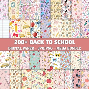 May include: A digital paper mega bundle featuring over 200 back to school patterns. The designs include illustrations of yellow school buses, red apples, pencils, rulers, notebooks, rainbows, flowers, and bows in various pastel and bright colors.