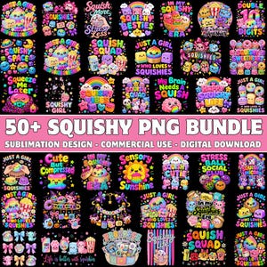 Può includere: Una collezione digitale di oltre 50 design grafici colorati in stile cartone animato con vari personaggi squishy, arcobaleni e frasi come Just A Girl Who Loves Squishies, Squish Squad e Squishy Vibes su uno sfondo nero.