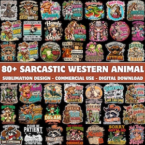 Puede incluir: Una colección de más de 80 diseños de sublimación digitales con animales de estilo western sarcásticos, incluyendo vacas, ranas, mapaches y caballos, junto con frases humorísticas e ilustraciones gráficas coloridas sobre un fondo negro.