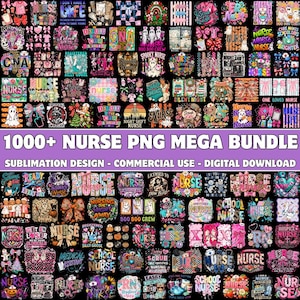 Op de afbeelding: Een digitale collectie van meer dan 1000 PNG-sublimatieontwerpen met een verpleegkundig thema, voorzien van kleurrijke afbeeldingen, medische iconen, bloemmotieven en teksten zoals Nurse, Scrub Life en Boo Boo Crew, in een raster.