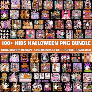 May include: A digital collection of over 100 Halloween-themed PNG sublimation designs featuring ghosts, pumpkins, skeletons, and festive text like Trick or Treat and Spooky Season. The graphics display a variety of colourful, cartoon-style illustrations.