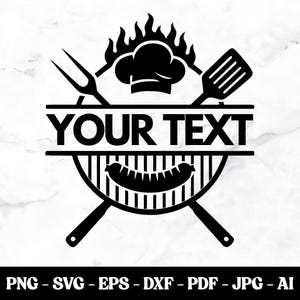 May include: Black and white graphic of a barbecue grill with a chef's hat, flames, and grilling tools. The text "YOUR TEXT" is displayed above the grill. The bottom of the image includes file type abbreviations.
