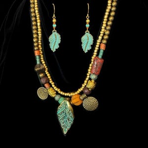 Authentic Handmade Boho Jewelry SET, Beaded Necklace and Earrings Stainless Steel SET, Vintage Wooden Beads and Colorful Beads Retro Style