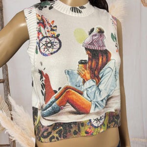 Women&#39;s Sleeveless Winter Crop Sweater,stylish Colorful Pullover,women coffee design sweater,handmade print designs,colorful and vibrant color