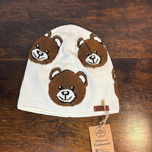Hipster Beanie Teddy Bären Patch Taupe|Bär Mütze | Wintermütze |Strick Beanie | Beanie für Erwachsene,Patchwork Handgemacht Mütze.