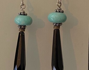 Vintage Glass bead and Amazonite on Sterling Silver Earrings