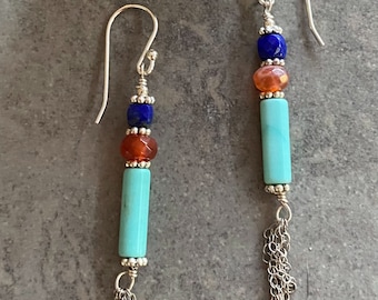 Love this trio of turquoise, carnelian and lapis sterling silver earrings