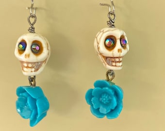 Day Of The Dead Skull & Turquoise Rose Earrings