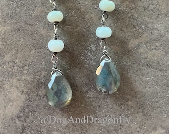 Lovely Labradorite Drop and Amazonite Sterling Silver Earrings