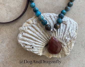 Faceted Bloodstone Teardrop and Apatite beads on Brown Leather