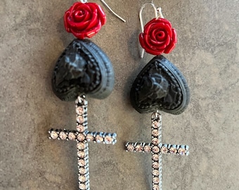 Day Of The Dead Rose, Black Heart and Cross Earrings