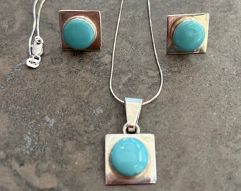 Sterling Silver Turquoise Pendant Necklace and Earring Set