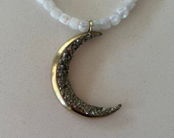 Cresent Moon And Moonstones On Brown Leather Necklace