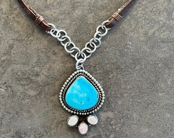 Beautiful Turquoise and Moonstone Sterling Silver Pendant Necklace on Brown Leather