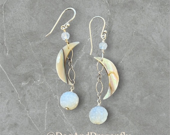 Cresent Moon Vintage Abalone and  Vintage Moonstones Sterling Silver Earrings