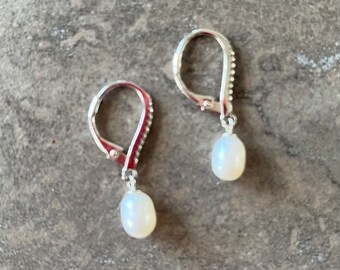 Freshwater Pearl on Sterling Silver and Zirconia Euro Ear Wires