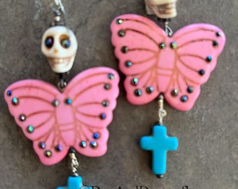 Day Of The Dead Skull, Butterfly And Cross Earrings