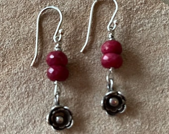 Raw Ruby with Sterling Silver Flowers Earrings