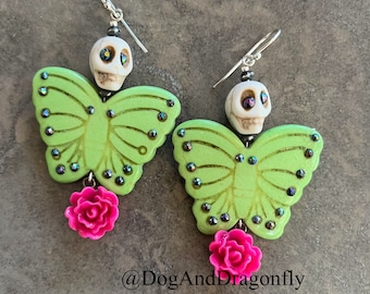 Day Of The Dead Calavera Butterfly Earrings