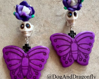 Day Of The Dead Purple Butterfly Earrings