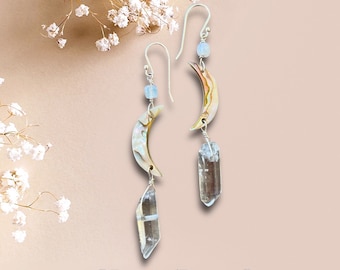 Vintage Abalone, Quartz And Moonstone and Sterling Silver Earrings
