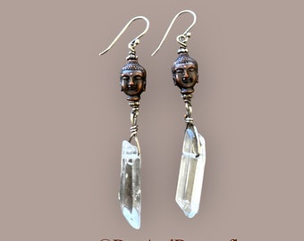 Bronze Buddha with clear Quartz Crystal Sterling Silver Earrings