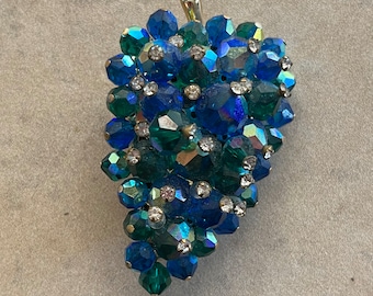 Mid-Century Blue Iridescent Beaded Grape Brooch