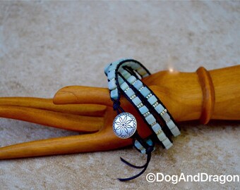 Colors Of The Ocean Amazonite and Sterling Silver seed beads Wrap Bracelet