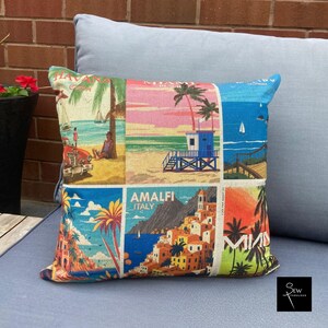 Vintage Postcard Cushion with insert, Thick Panama Cotton Reversible Cushion, Amalfi Miami Havana Print, Summer Patio Decor.