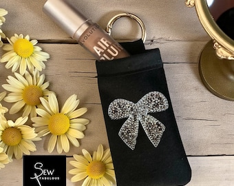 Velvet Bow Lipstick Holder Keychain:  Lip Balm Pouch with Key Chain. Lipstick or Lip Balm Holder. Birthday Gift or Stocking Filler for her.