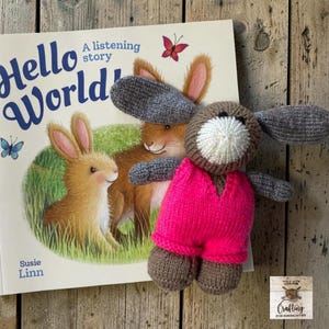 Handmade Knit Bunny & Book Gift Set, New Baby Gift, Crafting for Communities Charity Donation, Hello World Storytime Plush, Toddler Present