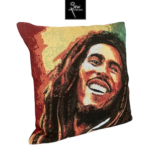 Bob Marley Wandteppich-Kissen: Roter Samtrücken, handgemachtes kultiges Dekor.