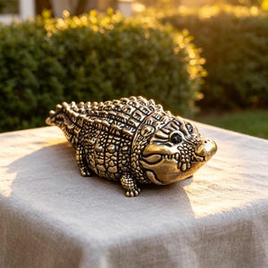 May include: A detailed, gold-coloured alligator figurine with textured scales and black eyes. The decorative reptile is resting on a neutral-coloured surface, with a blurred green background.