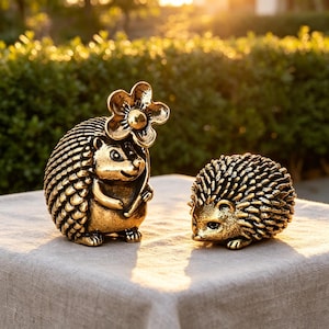 以下が含まれることがあります： 2つの金色のハリネズミの置物。1つは花を持って立っており、もう1つは休息の姿勢です。置物はニュートラルカラーの表面にあり、背景はぼやけた緑色です。