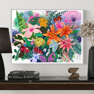 Unique Floral Tropical Hawaiian Hibiscus  Botanical Original Wall Art Matte Canvas, Stretched, Gift for her, Library Decor, Bedroom decor