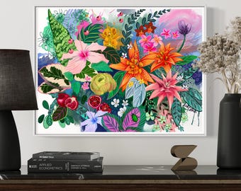 Unik blommig tropisk hawaiisk hibiskus botanisk original väggkonst matt canvas, spänd, present till henne, biblioteksdekor, sovrumsdekor
