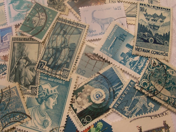 35 Teal and aqua postage stamps, Vintage stamps, Postage Stamps, Antique Stamps, Beach Glass Blue