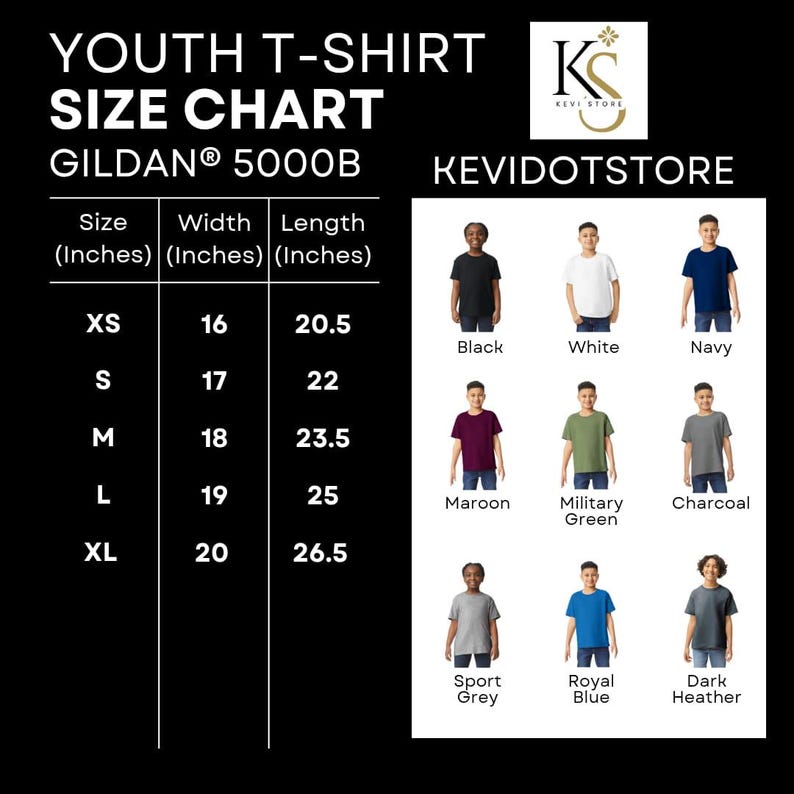 May include: Youth T-shirt size chart for Gildan 5000B shirts. The chart shows sizes XS to XL with corresponding width and length measurements in inches. The chart also shows different color options for the shirts, including black, white, navy, maroon, military green, charcoal, sport grey, royal blue, and dark heather.
