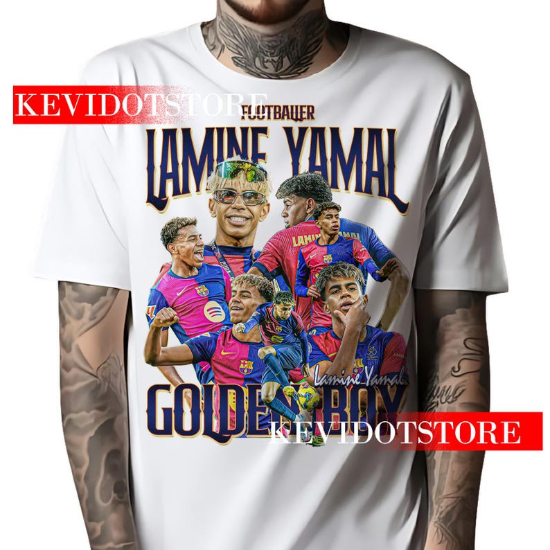May include: White t-shirt with a graphic print of a young soccer player, Lamine Yamal, with the text "Golden Boy" and "Fu&szlig;baller" on the shirt.