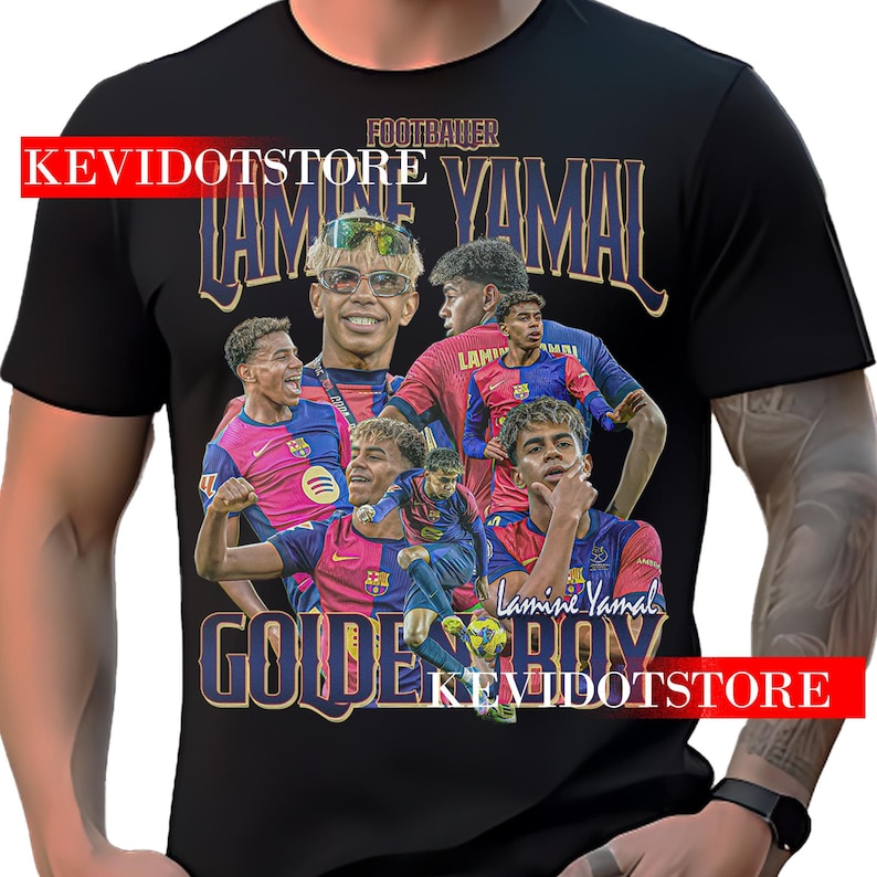 May include: Black t-shirt with a graphic of a young soccer player, Lamine Yamal, in a Barcelona uniform. The text "FOOTBALLER LAMINE YAMAL GOLDEN BOY KEVIDOTSTORE" is printed on the shirt.