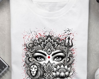Goddess Durga T-Shirt: Devi Eyes, Lion, Lotus - Hindu Spiritual Tee